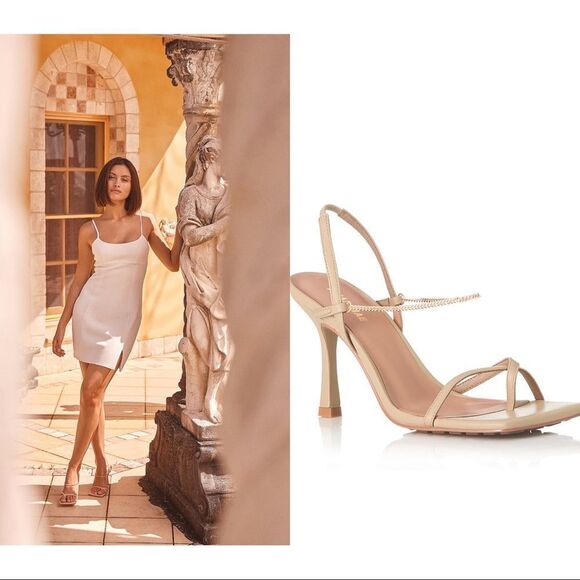 Revolve Alias Mae Leather Strappy Chain Levi Sandal Heels Beige Size 38 US8 - Picture 2 of 12